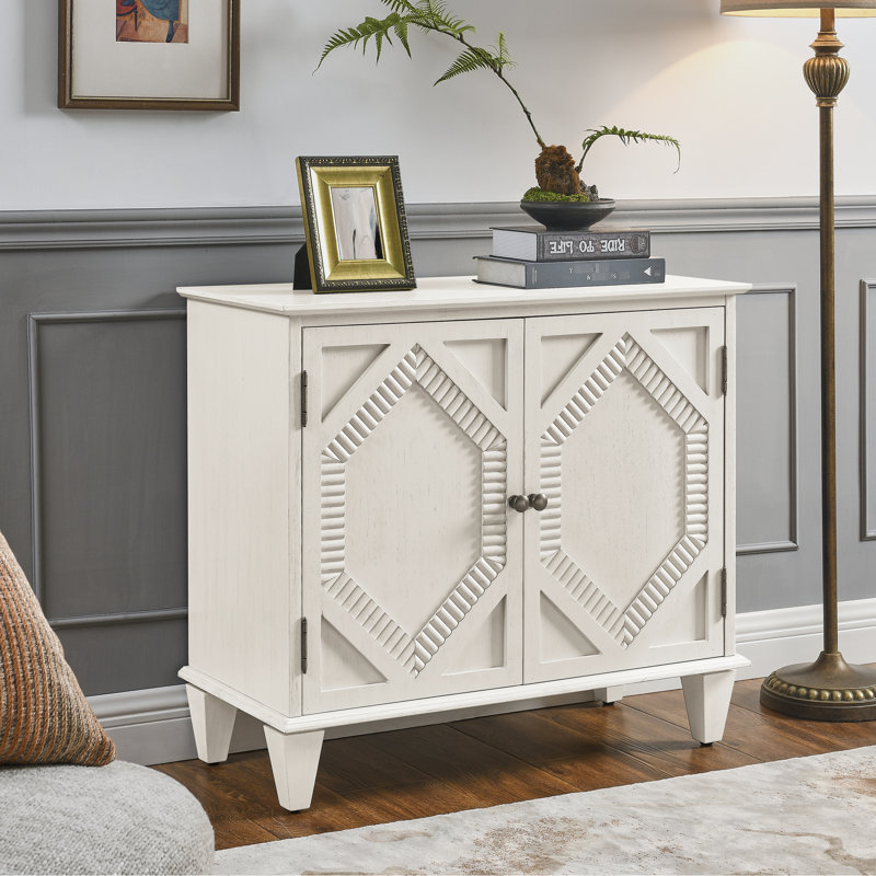 Buffet rétro de 33,6 po au design élégant, avec tablette réglable et finition pour un rangement à long terme blanc antique spacieux, assemblage géométrique à faible effort