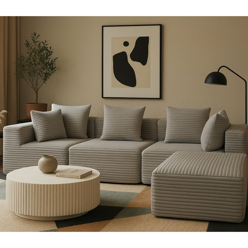 Ensemble de 4 sièges gris en tissu velours côtelé, siège souple, sans assemblage, configuration modulaire pour les espaces de vie confortables, sièges, structure, pièces principales configurables