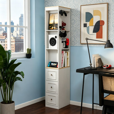 73-Inch Tall Slim Storage Cabinet With 3 Drawers, 2 Hooks, And Open Shelves For Media, Books, And Collectibles - Antique White