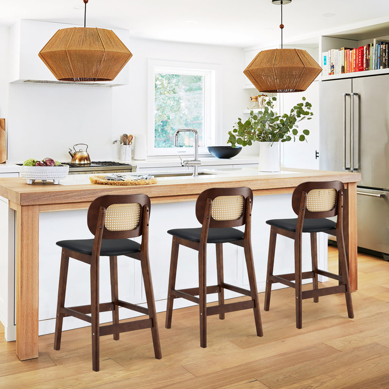 25" Black Faux Leather and Rattan Counter Height Bar Stools, Set of 3