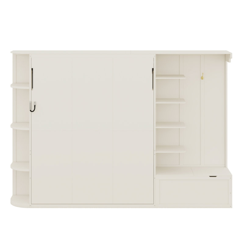 Lit escamotable avec tablettes intégrées et lumières, Blanc
