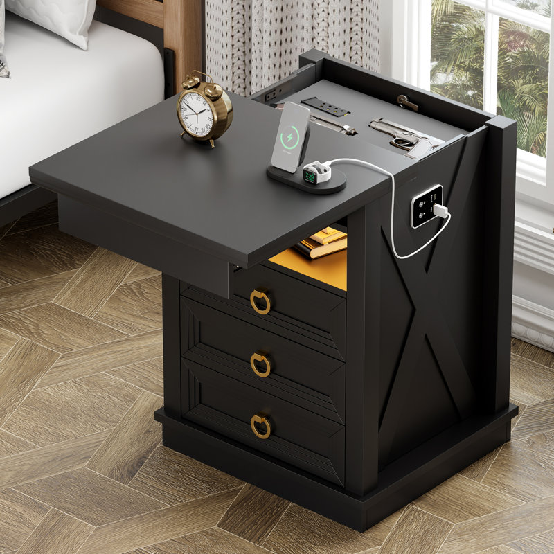 Table de chevet à 3 tiroirs avec rangement dissimulé, Noir