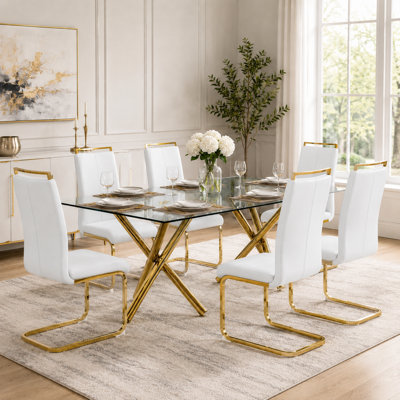 Modern Glam 7-Piece Tempered Glass Dining Set with Faux Leather Chairs