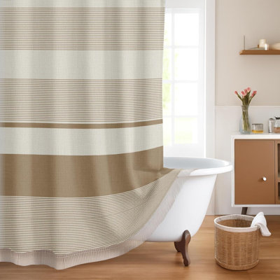 Boho Farmhouse Shower Curtain Set With Tassels - Modern Bohemian Linen Fabric Bathroom Decor With Upgraded Metal Hooks - Water Resistant And Machine Washable
