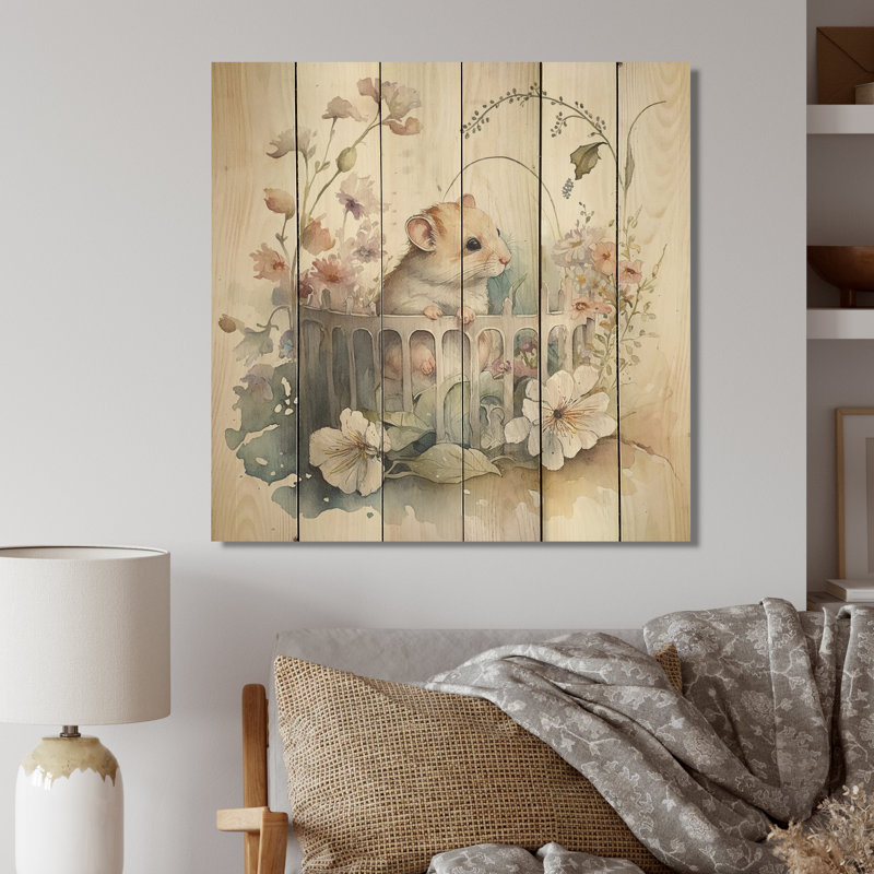 Souris dans un lit de bébé avec des fleurs - impression sans cadre sur bois, H 36 po x l 36 po x P 1,5 po