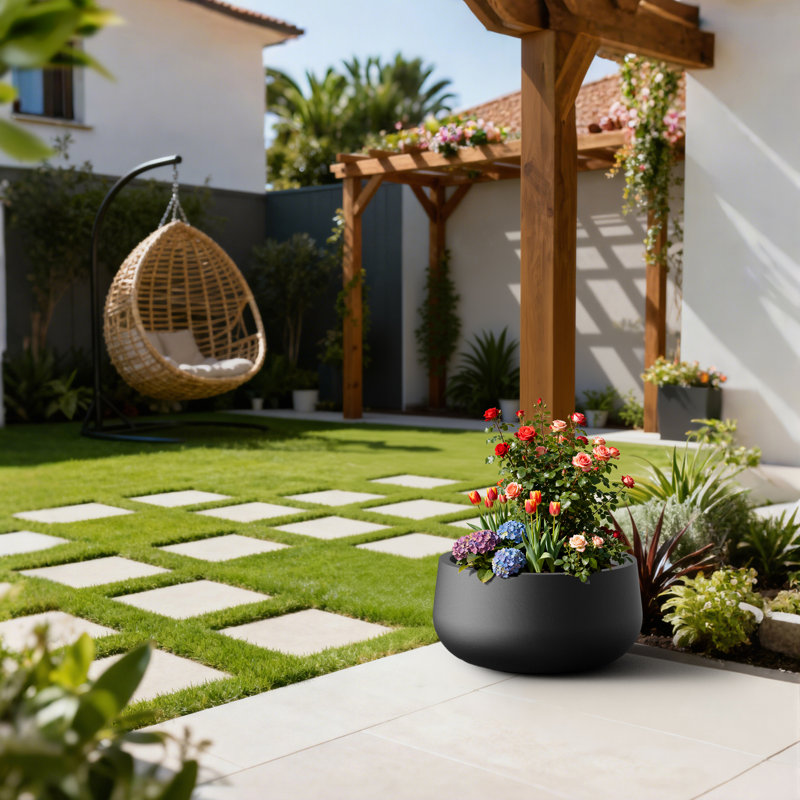 16 po. Noir mat (intérieur amélioré) pot à fleurs rond en pot moyen d'intérieur et extérieur avec trou de drainage Outdoro
