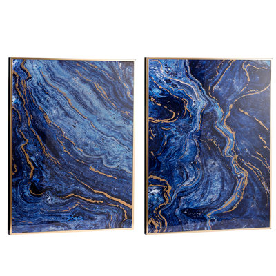 De 2 reproductions d'art encadrées bleues et dorées, 30,5 po x 40 po, thème marbré, matériaux pour une impression durable et panneaux, 30,5 x 40, grâce enchanteresse, fabriquée à partir d'un présentoir de qualité