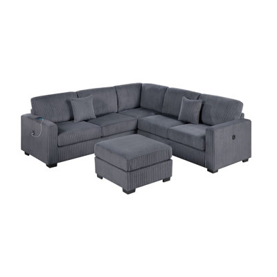 Beautiful 4-Piece Sectional Set W/ Ottoman Dark Gray One Arm Loveseat Corner Wedge Corduroy Upholstered Plush Couch