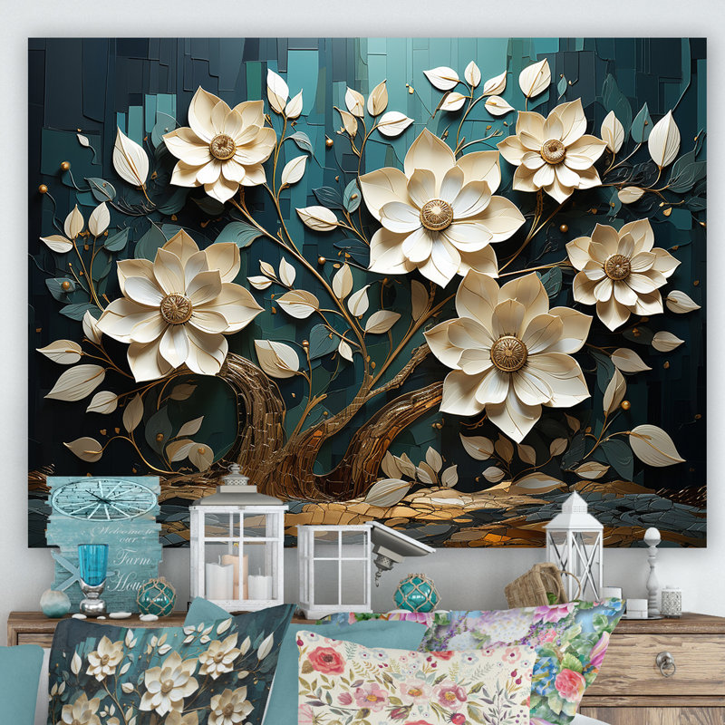 Blanc et bleu, charmante fleur printanière, art mural I, Toile tendue, H 16 po x l 32 po x P 1 po