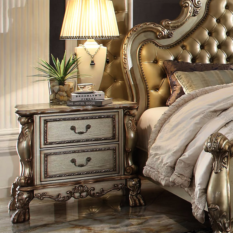 Table de chevet pour chambre à coucher avec 2 tiroirs et bois brossé contrastant doré