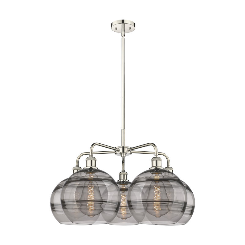 Lustre rond / ovale à abat-jour 5 lumières, Nickel poli, Gris fumée clair, H 17,13 po x l 28 po x P 28 po