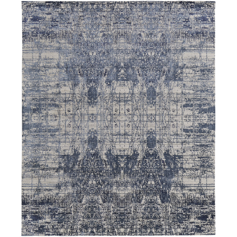 Tapis abstrait en viscose tissé à la main bleu / ivoire, Rond 8 pi