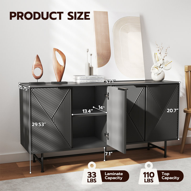 57" Solid and Manufactured Wood 4-Door Sideboard Buffet With Storage, Modern Carved Design Accent Kitchen Storage Cabinet