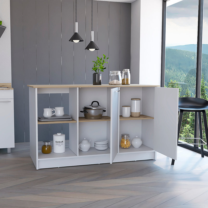 Îlot de cuisine, quatre tablettes ouvertes, deux armoires - chêne clair / blanc, Blanc