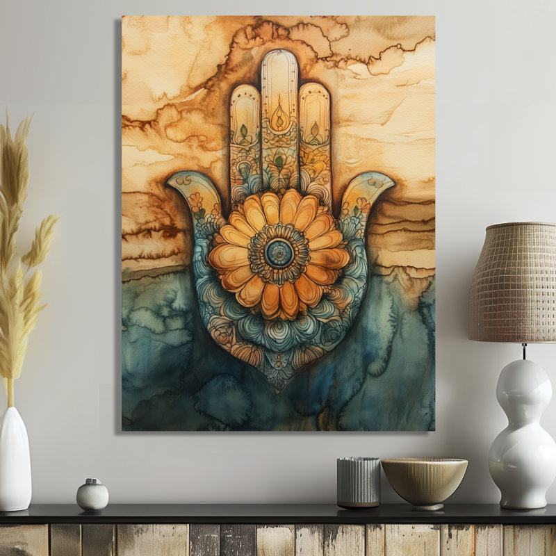 Hamsa of Golden Protection - Boho, art mural abstrait en métal, impression boho abstraite, L 24 po x H 32 po