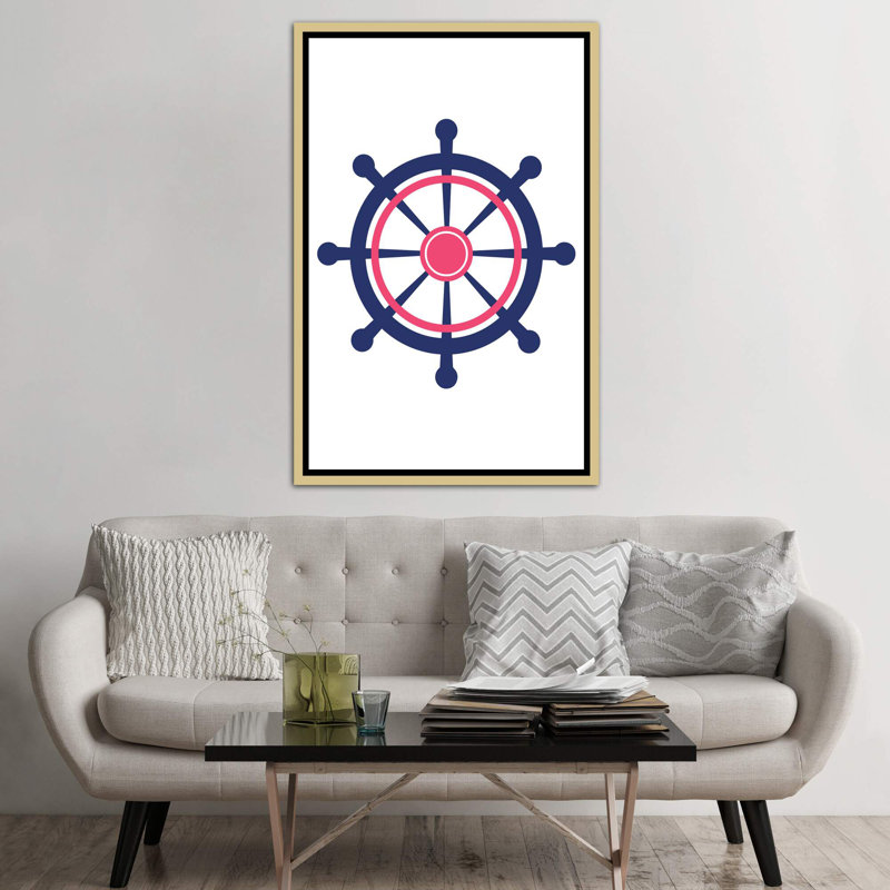 «Boat Wheel Nordic Design», reproduction d'impression, H 60 po x l 40po x P 1,5 po, Toile encadrée d'or, Pas de tapis