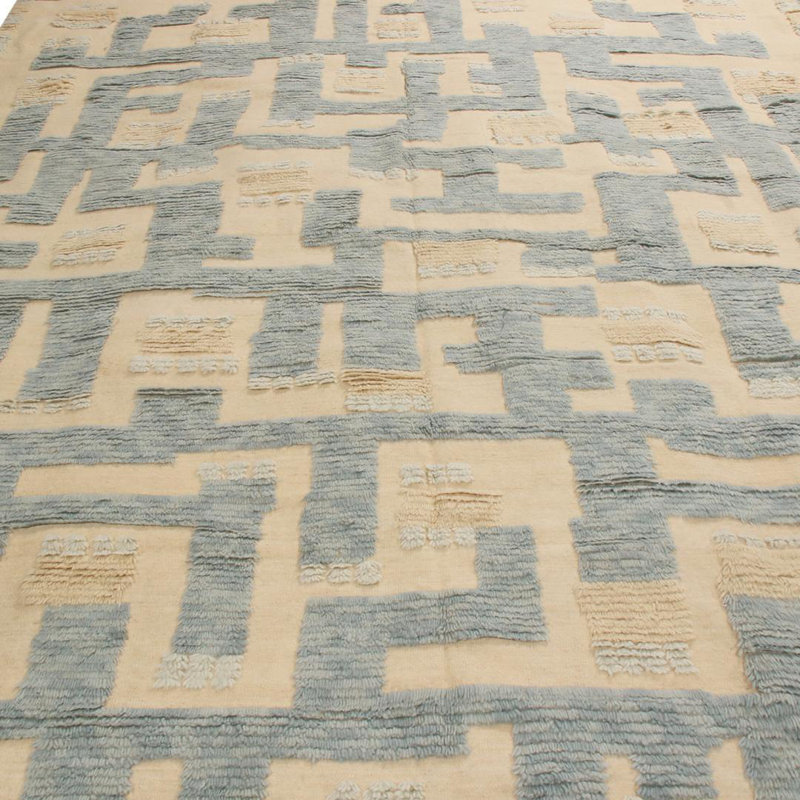 Rug & Kilim’S Scandinavian-Inspired Geometric Beige And Blue Wool Pile Rug, Rectangle 10' x 14'