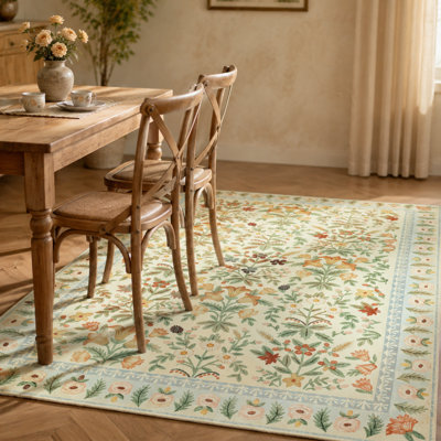 3' x 5' Vintage Floral Area Rug, Non‑Slip Washable Large Botanical Print Rug, Soft Low‑Pile Indoor Decorative Carpet for Living Room Bedroom Dining Room
