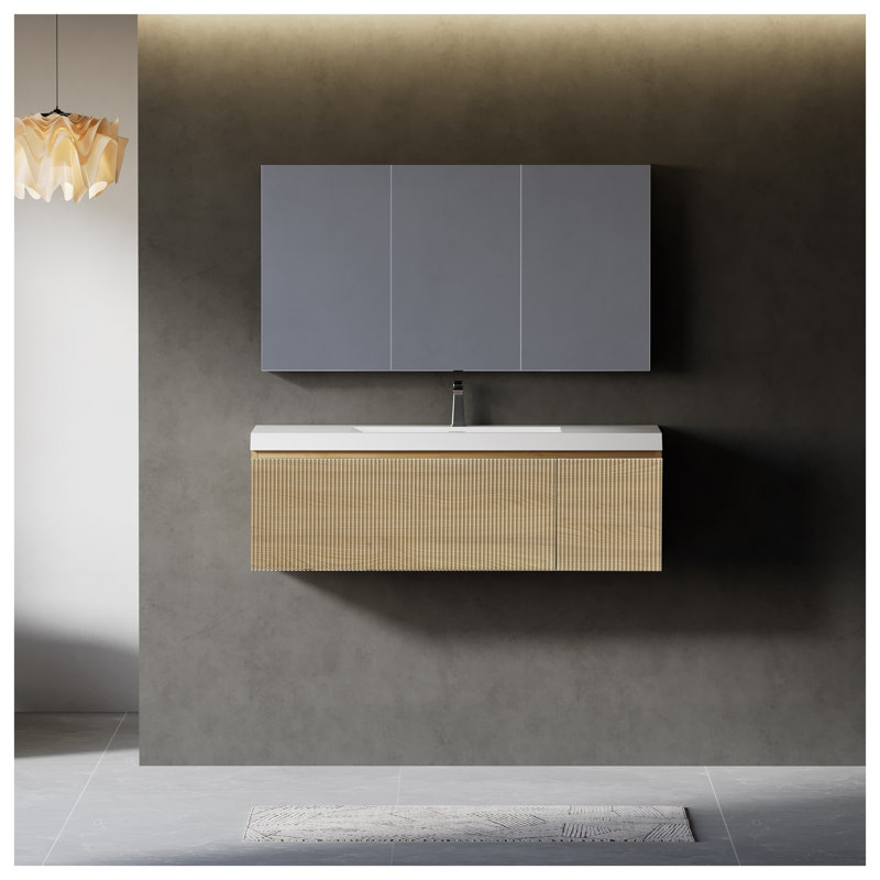 Meuble-lavabo suspendu de 48 po avec lavabo intégré en surface solide, armoire de rangement murale en chêne naturel avec tiroirs à fermeture amortie