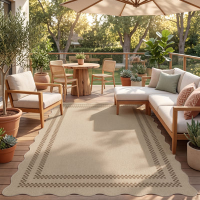 Tapis festonnés Easy Jute, tapis de patio intérieur / extérieur brun clair / damier, tapis de salle à manger géométrique lavable pour bureau dans la cour, certifié Oeko-Tex