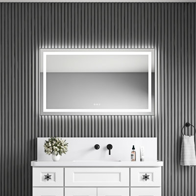 Miroir de salle de bain mural 48 "x 28" à DEL avec façade et rétroéclairage, 3 couleurs, brouillard, cadre en aluminium, frêne, améliore l'attrait de la couleur, mémoire, gradation continue, convient aux besoins