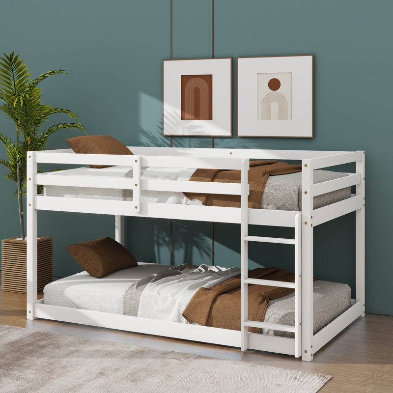 Rubber Wood Twin On Twin Ground Bunk Bed Equipped With Ladder, White