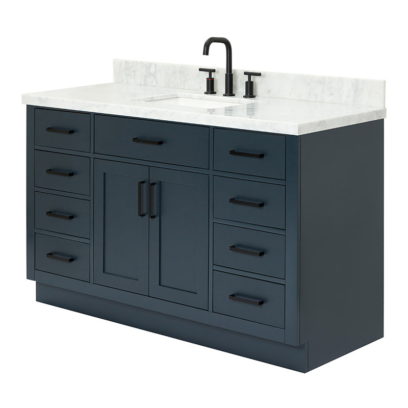 Thornaby 54'' Solid Wood Single Bathroom Vanity with 1.5'' Carrara Marble Top Sink, Rectangular, Midnight Blue / Matte Black