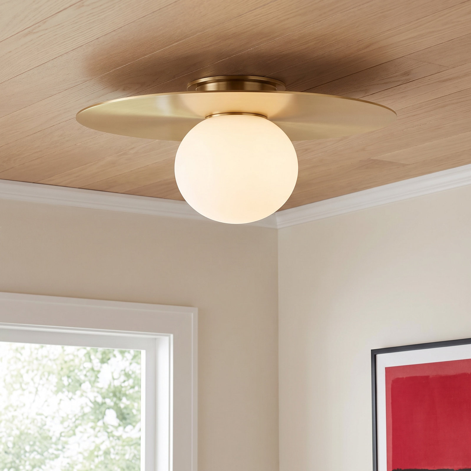 Single Light Glass Flush Mount, Burnished Brass