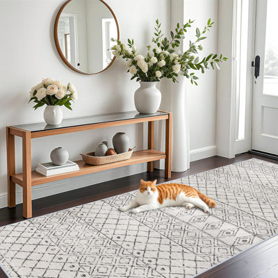 Entryway Rug Washable - Moroccan Small Area Rugs for Entryway Low Pile Indoor Mat Non Slip with Rubber Backing Thin Area Rug Pet Friendly for Front Door Kitchen Bedroom Geo Grey