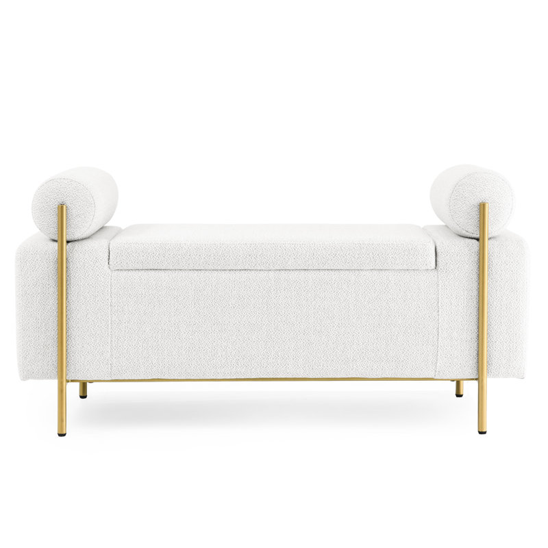 Upholstered Linen Storage Bench with Cylindrical Arms and Iron Legs, White