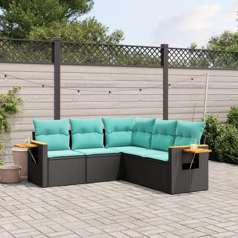  Ensemble de canapé de patio 5 pièces avec coussins en rotin de polyester noir