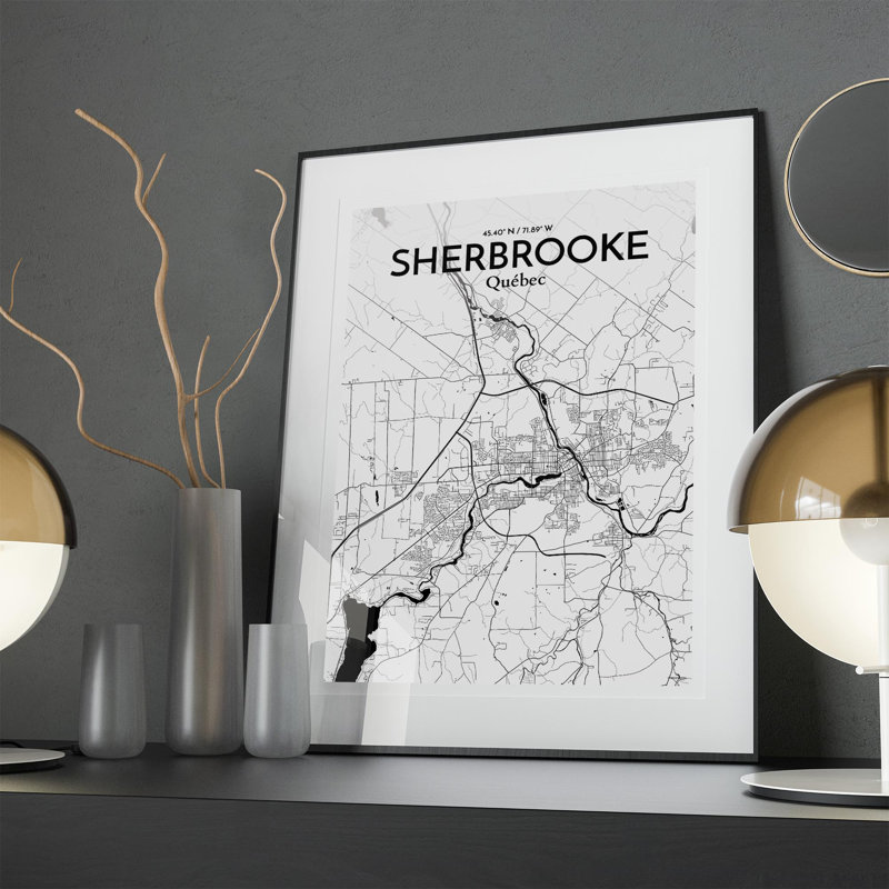 Sherbrooke, carte de la ville, impression, Noir et blanc, H 27,6 po x l 19,7 po