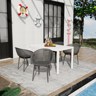  Summer 5-Piece Patio Dining Set, 55 Inch Modern White Long Table with 4-Pack Warm Gray Open-Mesh Lounge Chairs
