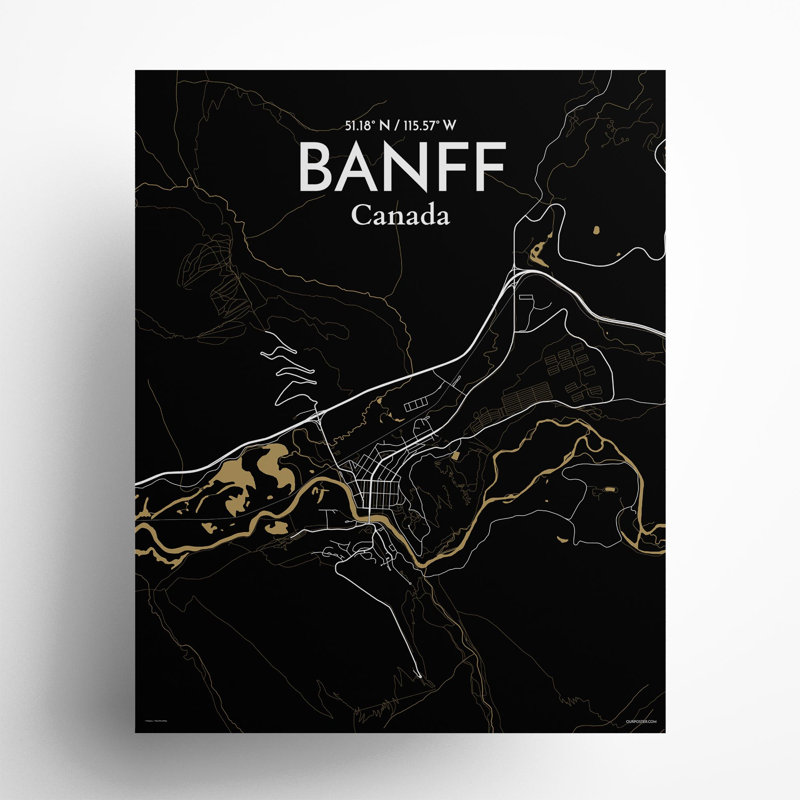 Banff, carte de la ville, impression, H 20 po x l 16 po, Noir / or
