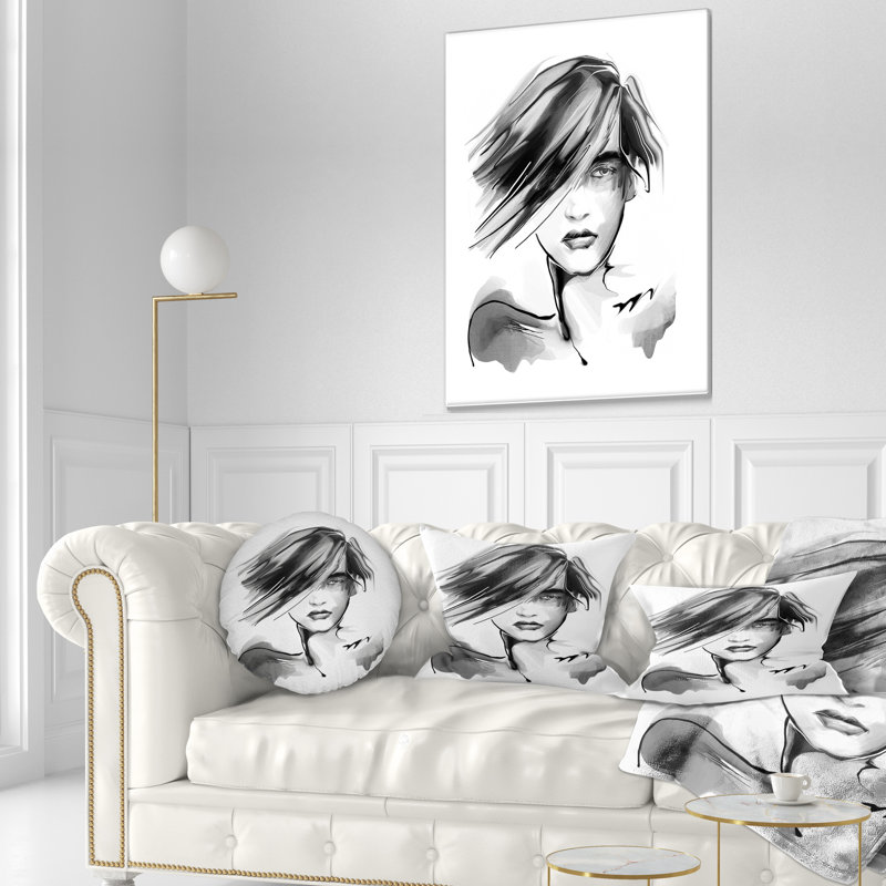 Jeune femme en noir et blanc - oreiller imprimé d'un portrait abstrait