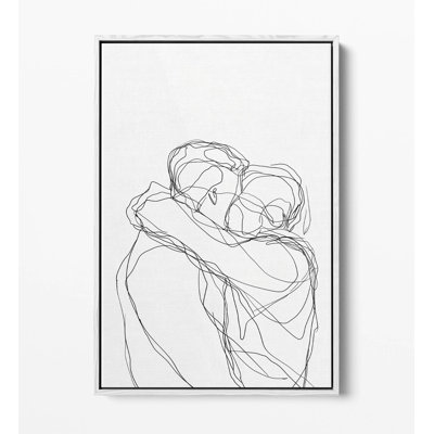 Minimalist line drawing of a loving embrace Canvas Floater Frame Print Picture Art - White Frame