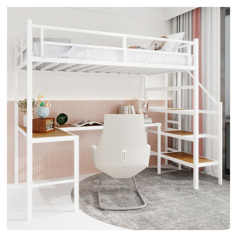 Lit mezzanine simple en métal avec bureau en L, rangement pour escalier et barrières de sécurité - Lit superposé blanc pour enfants et adolescents