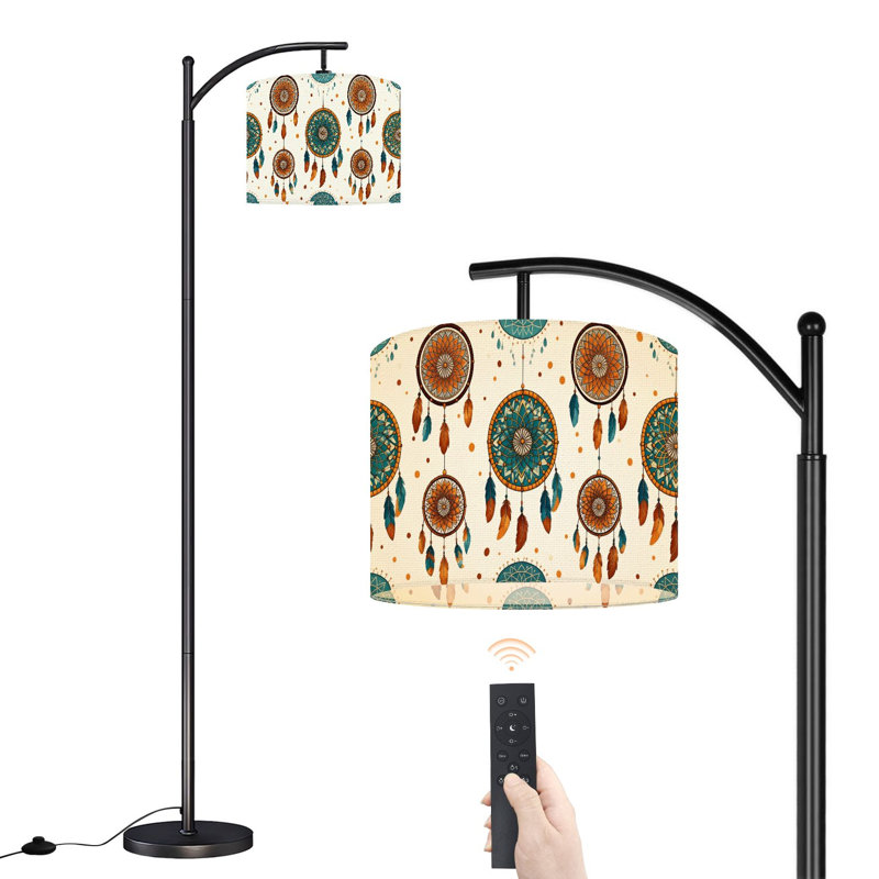 Arc Floor Lamp with Adjustable Lampshade Bohemian Dreamcatcher Geometric Feather Spring Decor Standing Lamp 3 Color Temperatures Dimmable Tall Pole Lamp with Foot Switch for Bedroom
