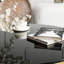 Table basse en acier inoxydable et verre noir pour un salon élégant avec verre trempé et décor surélevé
