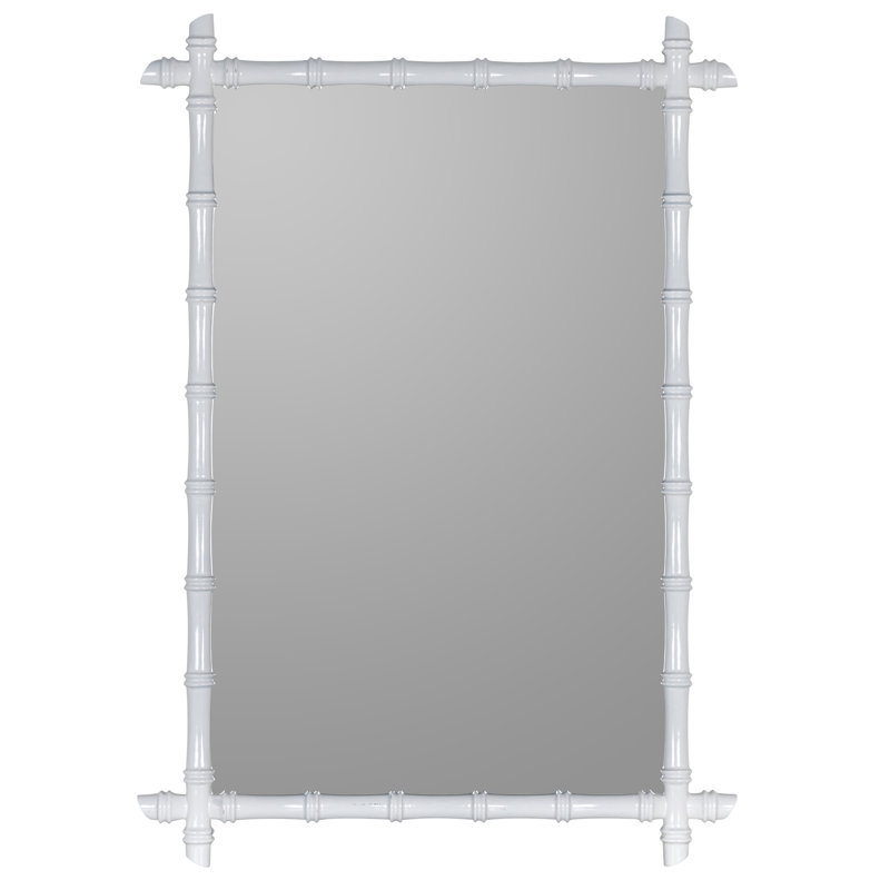 Glossy White Bamboo-Inspired Rectangular Wall Mirror