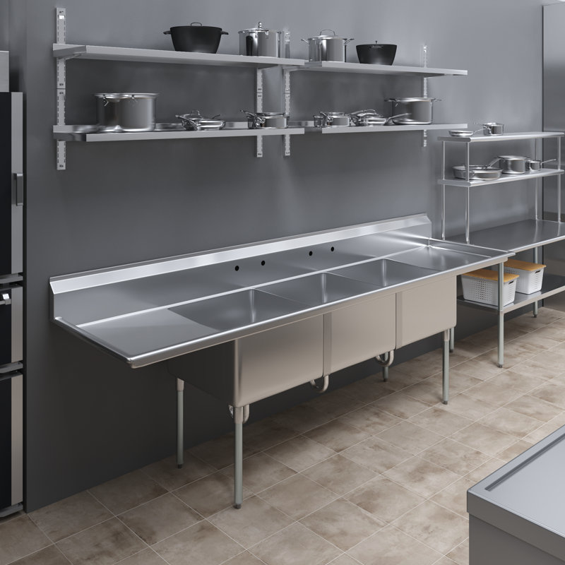 120 in. x 30 in. Stainless Steel Three Compartment Sink With 24 in. x 24 in. x 14 in. Bowls And Dual 24 in. Drainboards