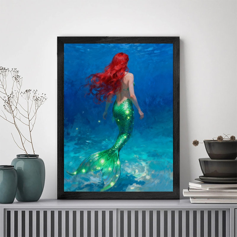 Reproduction d'art encadrée noire rétro "The Mermaid Under the Sea", H 25 po x l 17 po