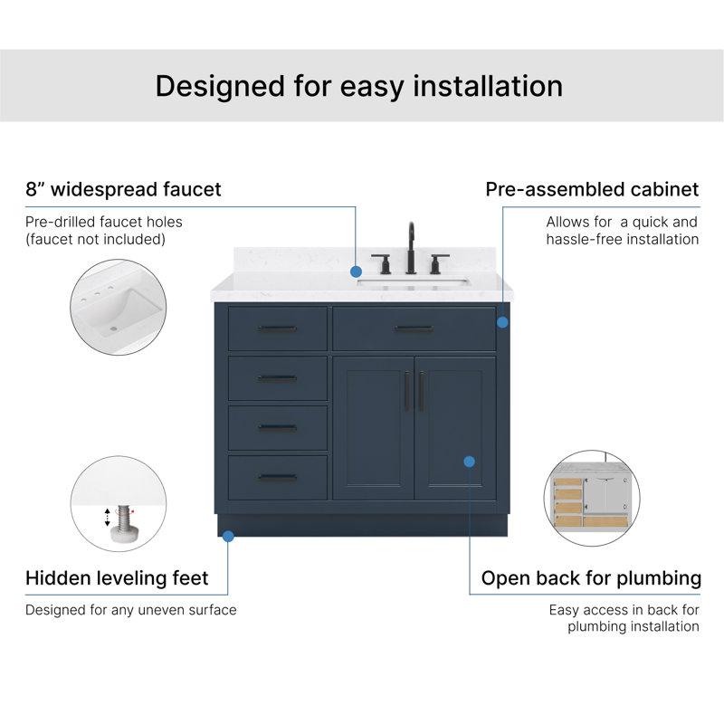 Meuble-lavabo simple en bois massif 42 po Tidworth avec plateau en quartz Carrara de 1,5 po, Bleu minuit, Forme rectangulaire