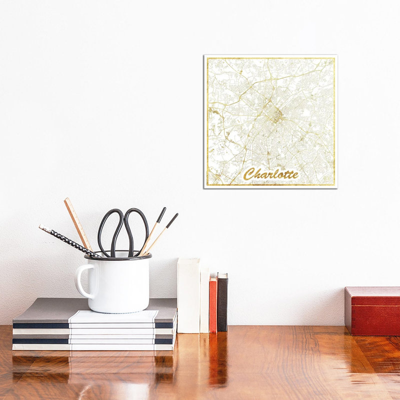 Charlotte Gold Leaf Urban Blueprint Map by Hubert Roguski - Wrapped Canvas Print, 30.48 cm H x 30.48 cm W