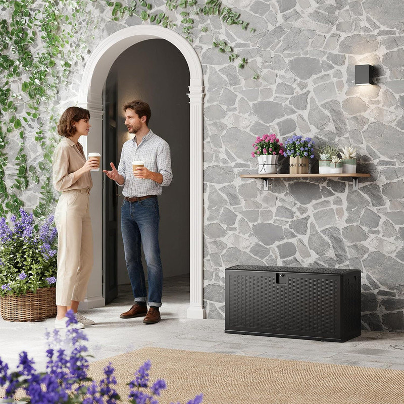 Boîte de rangement en résine imperméable 73 gallons avec texture en rotin, rangement verrouillable résistant aux rayons UV pour le patio, le jardin et l'intérieur