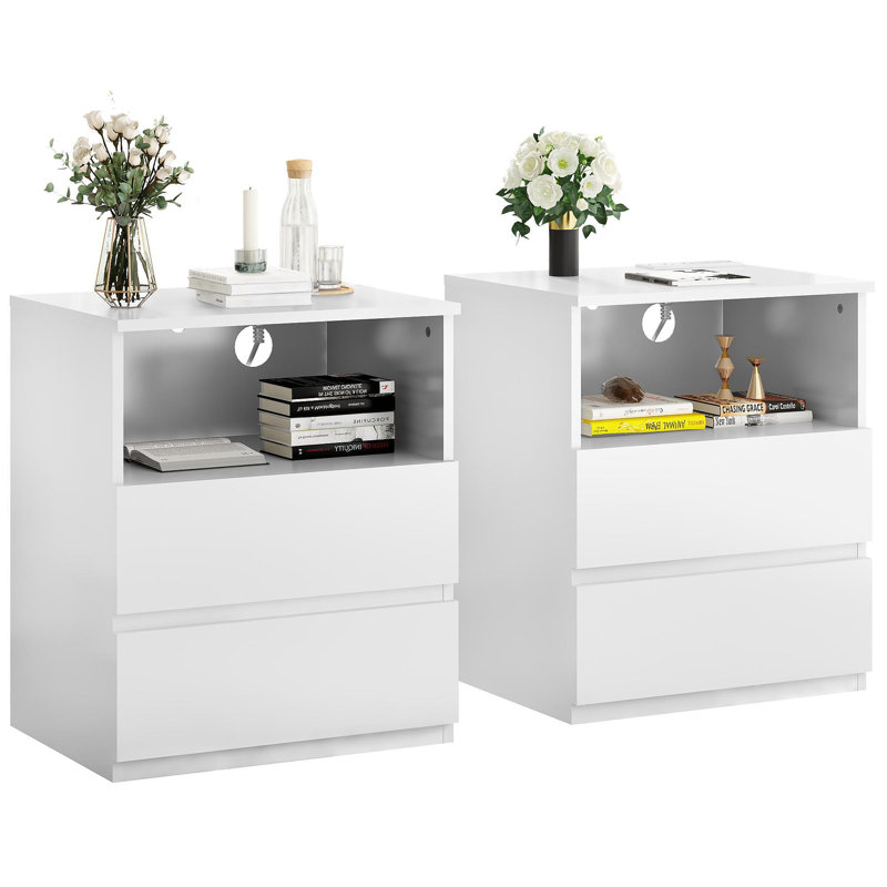 (Ensemble de 2) table de bout avec station de charge USB C rapide, canapé avec 2 tiroirs, grande armoire de rangement moderne en bois pour le salon, la chambre à coucher, le bureau, blanc