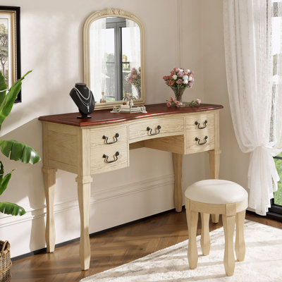 Coiffeuse de maquillage 46 po avec miroir à cadre floral incurvé, coiffeuse élégante avec 5 tiroirs et tabouret en cuir, coiffeuse avec pieds en bois massif et poignées antiques pour la chambre à coucher