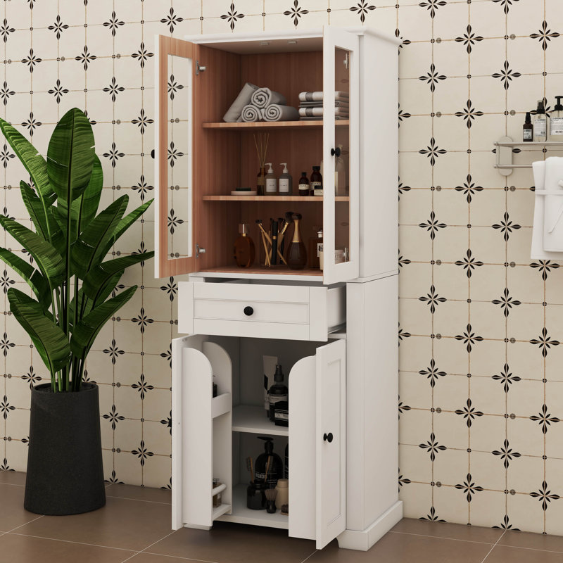 Unité de rangement de salle de bain élégante de 67,2 pouces avec portes réglables en verre et tablettes, Blanc