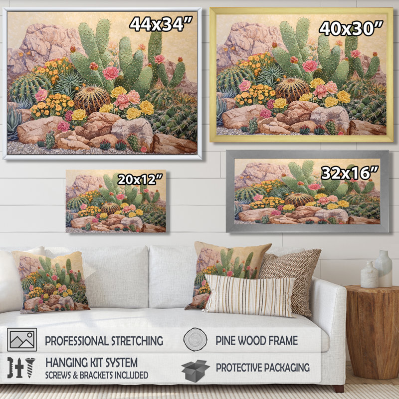 Cactus jardin aquarelle paysage II - cactus floral, H 34 po x l 44 po, Reproduction encadrée d'une seule photo sans pass