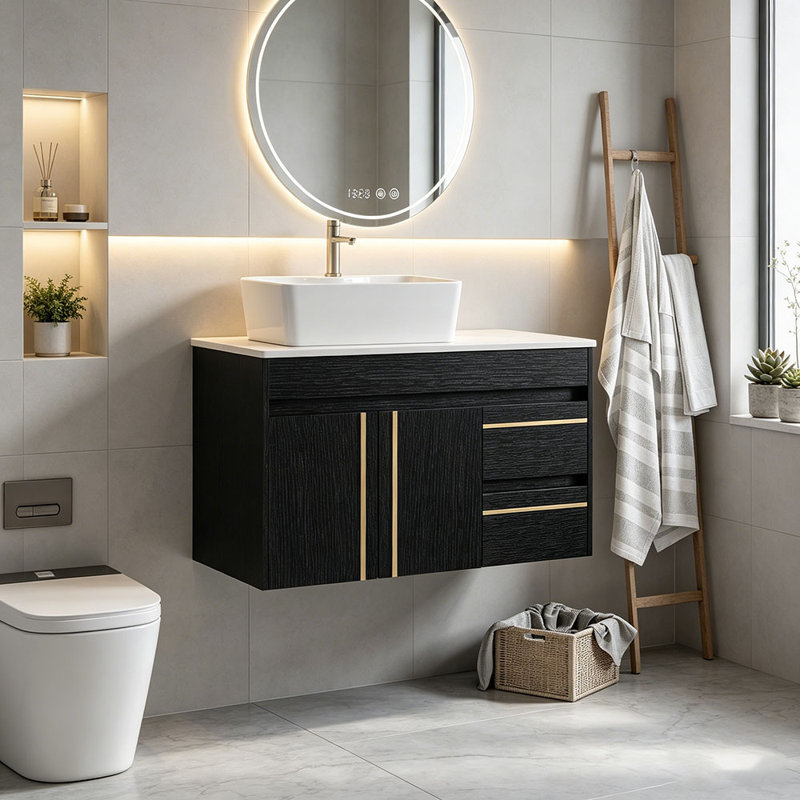 Meuble-lavabo mural 36 po avec lavabo vasque en céramique et comptoir en contreplaqué - Porte et tiroirs à fermeture en douceur, conception flottante